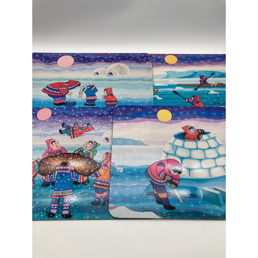 Vintage Eleanor & Tony Taini Inuit Art Cork Back Placemats Set of 4 Arctic Life